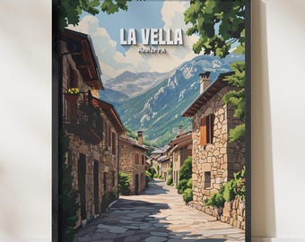 La Vella Andorra Travel Poster, Rustic Village Wall Art, Mountain Landscape Print, Historic Town Decor, Charming Street Scene