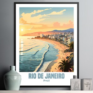 Rio de Janeiro Coastal Sunset Art Print, Beautiful Beach Wall Decor for Home, Cityscape Poster, Ocean Waves Artwork