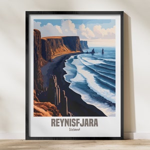 Arte de pared de playa de arena negra de Islandia Reynisfjara, impresión de paisaje costero, póster escénico de océano nórdico, fotografía de naturaleza