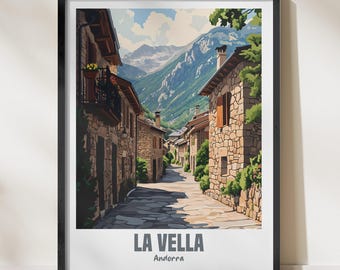 La Vella Andorra Poster Cityscape Art Print Wall Art Home Decor Rustic Street Scene Illustration