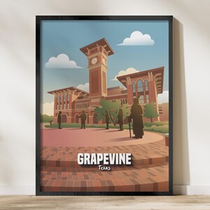 May include: A framed art print featuring a stylized illustration of the Grapevine, Texas clock tower building. The scene includes a brick plaza with several silhouetted figures, a blue sky with white clouds, and the text GRAPEVINE Texas at the bottom.
