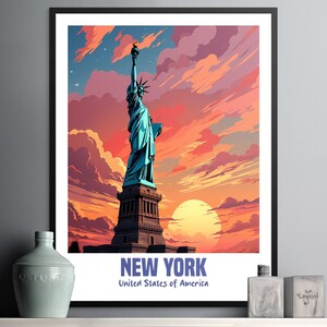 Vintage New York City Poster Art with Statue of Liberty and Vibrant Sunset Colors