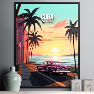 Vintage Cuba Sunset Wall Art, Retro Caribbean Landscape Print for Home Decor, 50s Car Poster