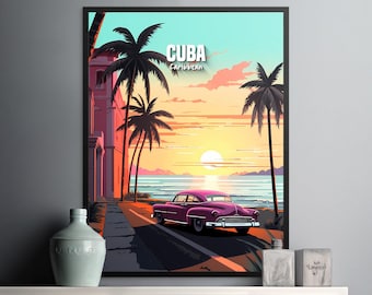 Vintage Cuba Sunset Wall Art, Retro Caribbean Landscape Print for Home Decor, 50s Car Poster