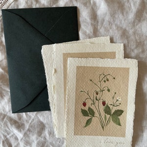 i love you card handmade paper handmade paper notecard and envelope floral notecard for her strawberry florals image 9