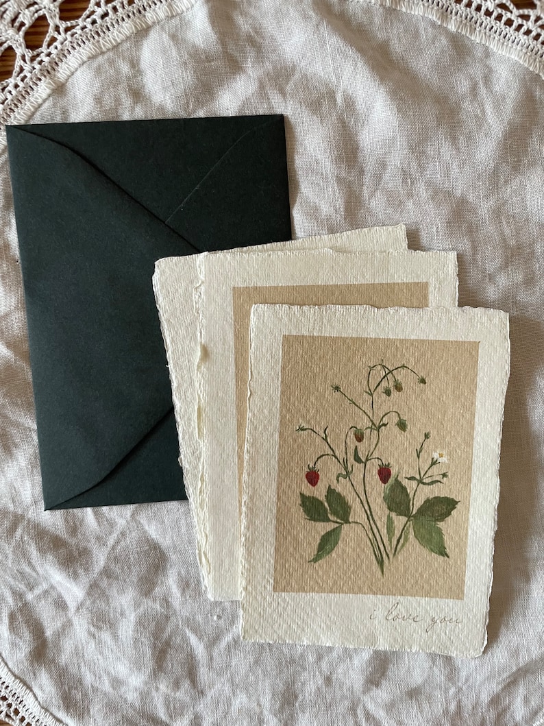 i love you card handmade paper handmade paper notecard and envelope floral notecard for her strawberry florals image 9