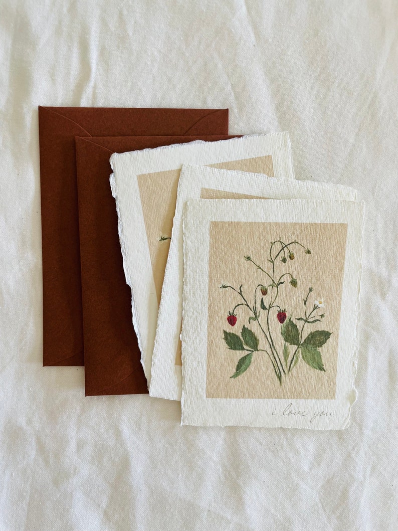 i love you card handmade paper handmade paper notecard and envelope floral notecard for her strawberry florals image 1