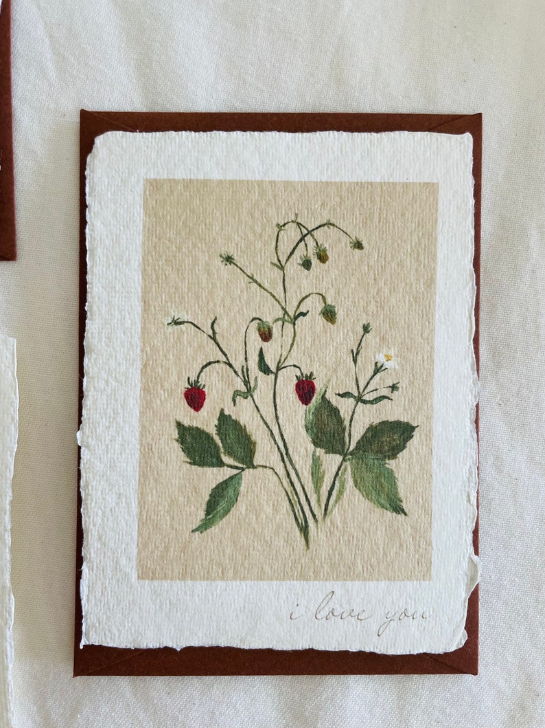 i love you card handmade paper handmade paper notecard and envelope floral notecard for her strawberry florals image 4