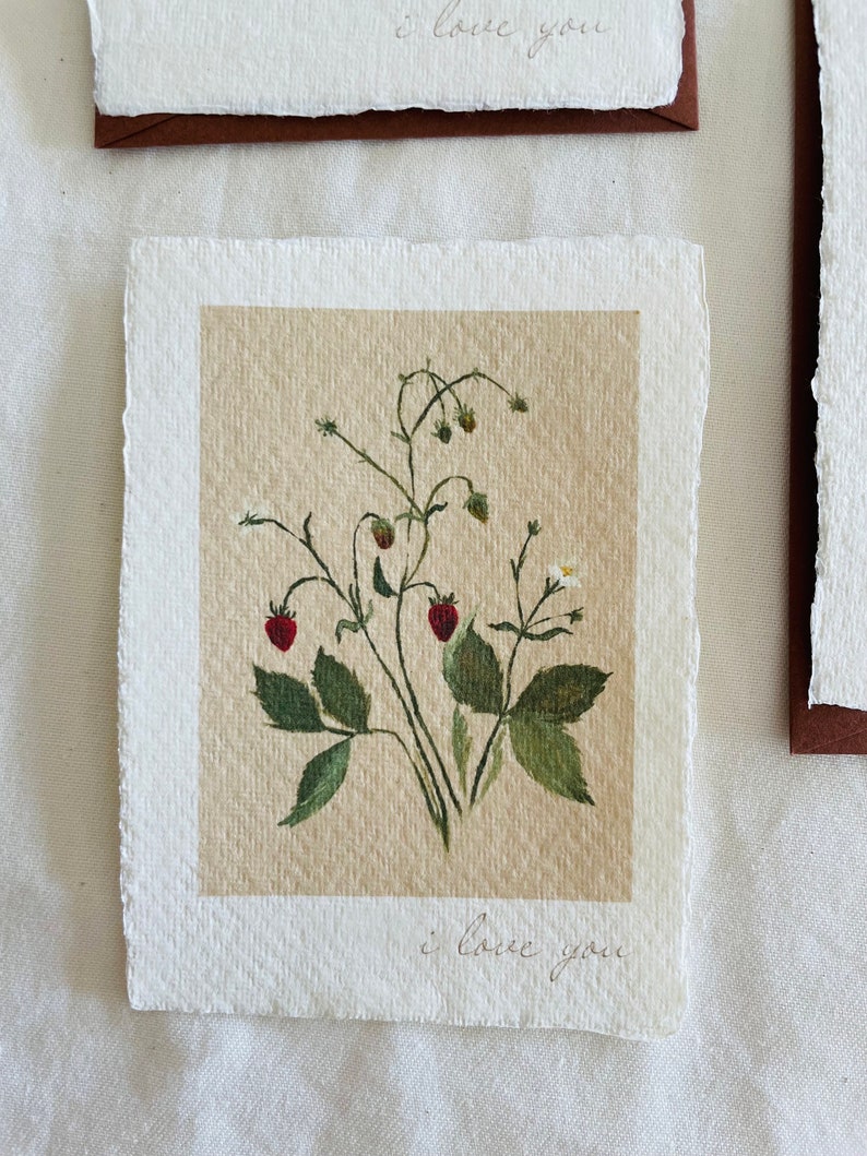 i love you card handmade paper handmade paper notecard and envelope floral notecard for her strawberry florals image 5