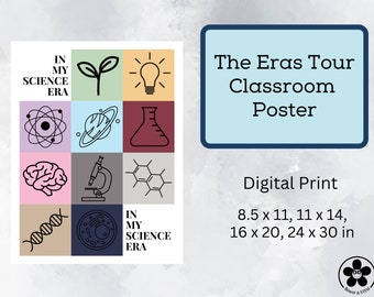 May include: A colorful classroom poster with the text "The Eras Tour Classroom Poster" and "Digital Print 8.5 x 11, 11 x 14, 16 x 20, 24 x 30 in". The poster features a grid of nine squares with science-related icons, including a plant, light bulb, atom, planet, beaker, brain, microscope, honeycomb, DNA strand, and a cell.