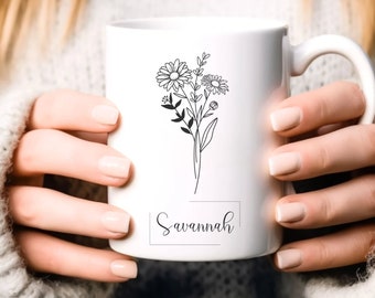 Personalized birth flower mug, April birth flower mug, custom birth flower gift, birth flower coffee mug, April birth flower gift,