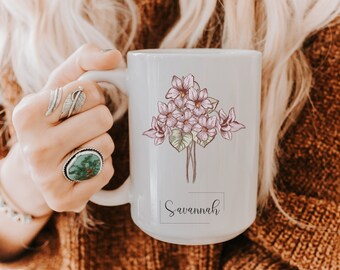 Personalized birth flower mug, March birth flower mug, custom birth flower gift, birth flower coffee mug, March birth flower gift,