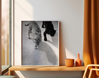 Impresión de guepardo y jaguar: Arte mural vintage en blanco y negro (descarga digital)