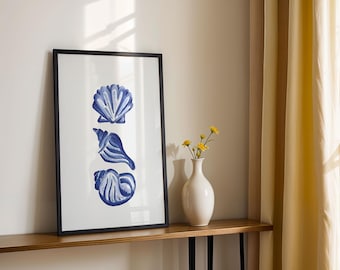 Blue Seashell Wall Art – Coastal Beach Decor – Minimal Ocean Illustration Print