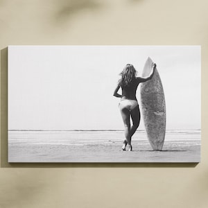 Surfer Girl Poster, Surfboard Wall Art, Black and White, Vintage Photo, Summer Poster, Fashion Print, Beach House Decor, Digital Download