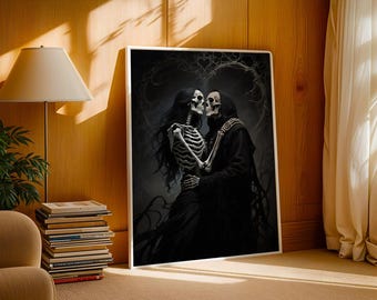 Gothic Skeleton Lovers Art Print: Dark Romance Halloween Decor (Digital Download)