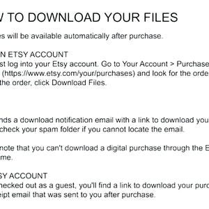 May include: White text on a white background provides instructions on how to download files after purchase. The text includes steps for Etsy account holders and guests, with a note about the Etsy app.