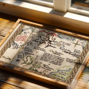 May include: A framed fantasy map illustration on parchment-style paper featuring a red dragon, a green serpent, and black spider drawings. The map includes English text and runic inscriptions, depicting mountains, rivers, and forests with a decorative border.