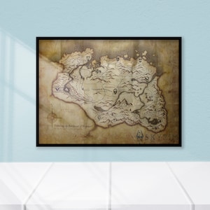 Skyrim-wereldkaart muurkunst, Skyrim-decor, wereldkaart videogame, Skyrim-muurkunst, Skyrim-kaart, fanart, digitale Skyrim-kaart