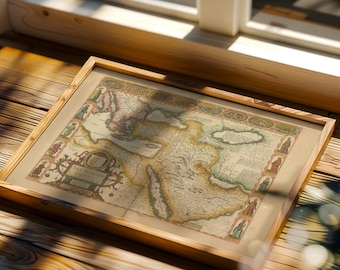 May include: A framed vintage-style map titled The Turkish Empire, featuring detailed cartography of the Middle East, Mediterranean, and Arabian Peninsula, surrounded by decorative border illustrations of figures in historical attire.
