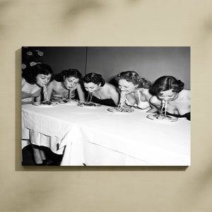 Women Eating Pasta, Black and White, Vintage Print, Spaghetti Poster, Kitchen Wall Art, Dining Room Decor, Antique Photo