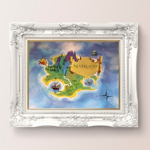 Fantastische kaart Neverland, magische kaart Neverland print, Never Island vintage muurkunst print, kinderkamer retro decor