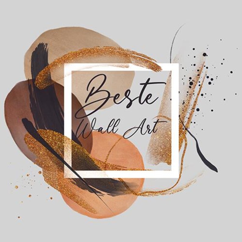 May include: Abstract wall art with brown, gold, and black paint splatters. The text "Beste Wall Art" is in a white frame.