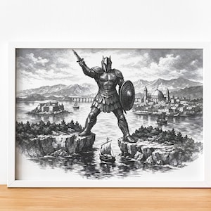 Puede incluir: Impresión enmarcada en blanco y negro de una estatua de guerrero clásico sosteniendo una espada y un escudo, con vistas a una ciudad costera. La obra de arte presenta un estilo de ilustración detallado con un cielo y una escena acuática dramáticos.