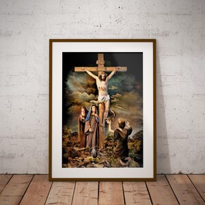 Stampa artistica della crocifissione di Gesù: decorazione cristiana per la casa in stile pasquale (download digitale)