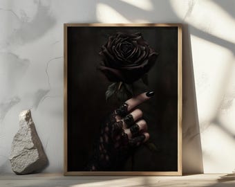 Gothic Black Rose Art Print – Dark Academia Floral, Victorian Decor (Digital Download)
