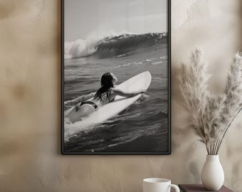 Black and White Surfer Girl Photography Print: Minimalist Coastal Art (Digital Download)