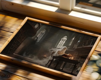 Lámina artística de fantasma en biblioteca encantada: decoración de pared gótica fantástica, descarga digital de estilo Dark Academia espeluznante.