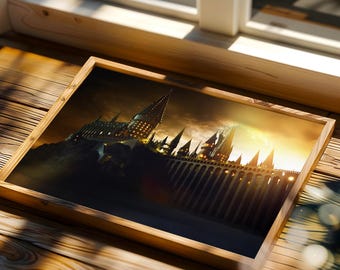 Lámina artística de castillo escolar mágico, decoración nocturna de fantasía (descarga digital)