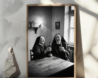 Nonnen trinken Bier Foto, lustige schwarz weiss Kunst (digitaler Download)