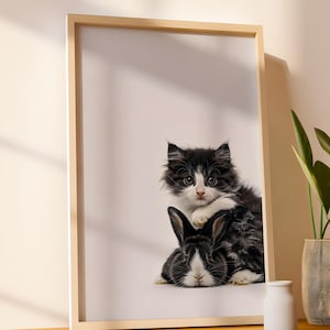 Funny Bunny and Cat Wall Art Print, Funny Wall Art, Kid Room Print, Digital Download, Cute Animal, Funny Animal Poster, Nursery Poster