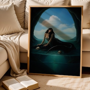 Dark Mermaid Art Print, Gothic Fantasy Wall Art, Siren Cave Poster, Mysterious Ocean Creature, Digital Download