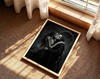 May include: A rectangular framed wall art print featuring a black and white illustration of two skeletons embracing. The figures are depicted in a dark, atmospheric setting with flowing fabric and a heart-shaped outline formed by wispy, ethereal lines.