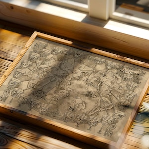 May include: A framed, sepia-toned map titled The Lost Cities, featuring intricate line art illustrations of various locations connected by radiating lines. The map is presented in a light-colored wooden frame with a rectangular design.