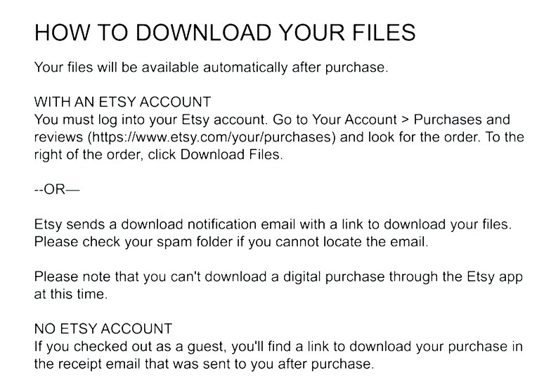 May include: Instructions on how to download digital files purchased from Etsy. The text explains how to download files using an Etsy account, how to download files without an Etsy account, and how to download files using the Etsy app.