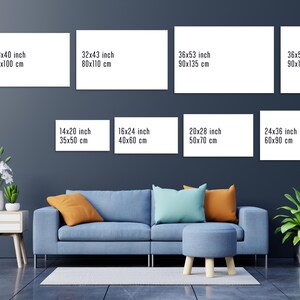 May include: A mockup of different sized canvases on a gray wall with a couch and plants in front of them. The canvases are blank and have measurements in inches and centimeters. The text on the canvases reads "Beste" and "28x40 inch 70x100 cm", "32x43 inch 80x110 cm", "36x53 inch 90x135 cm", "36x59 inch 90x150 cm", "14x20 inch 35x50 cm", "16x24 inch 40x60 cm", "20x28 inch 50x70 cm", and "24x36 inch 60x90 cm".