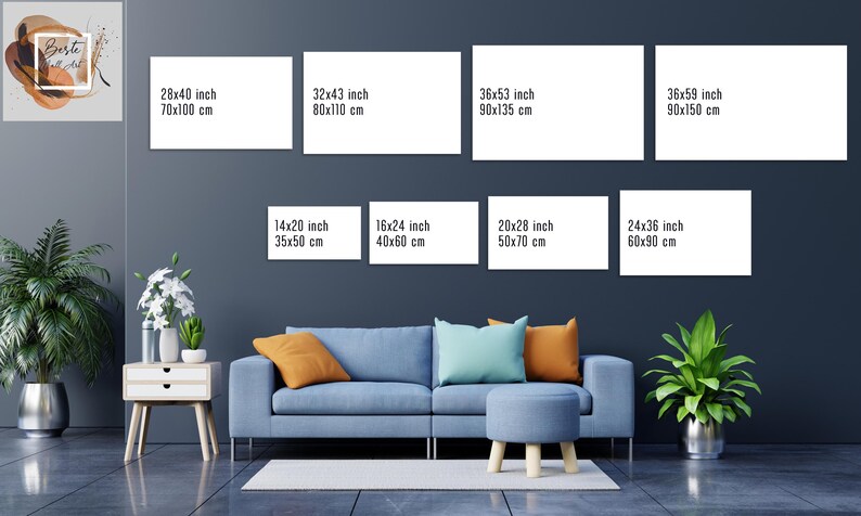 May include: A mockup of different sized canvases on a gray wall with a couch and plants in front of them. The canvases are blank and have measurements in inches and centimeters. The text on the canvases reads "Beste" and "28x40 inch 70x100 cm", "32x43 inch 80x110 cm", "36x53 inch 90x135 cm", "36x59 inch 90x150 cm", "14x20 inch 35x50 cm", "16x24 inch 40x60 cm", "20x28 inch 50x70 cm", and "24x36 inch 60x90 cm".