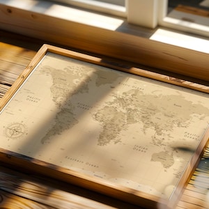 Sepia World Map Print: Vintage Geography Art (Digital Download)