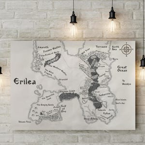 May include: A black and white map of the fictional land of Erilea, with various regions and locations labeled. The map is surrounded by a white border and is set against a white brick wall.