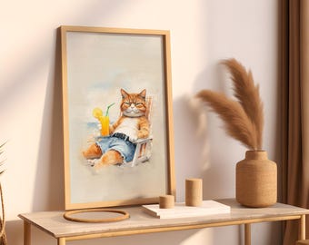 Funny Cat Cocktail Print: Summer Beach House Wall Art (Digital Download)