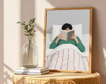 Minimalist Reading in Bed Print: Cozy Book Nook Art (Digital Download)