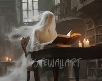 Haunted Library Ghost Art Print – Gothic Fantasy Wall Decor, Spooky Dark Academia Digital Download