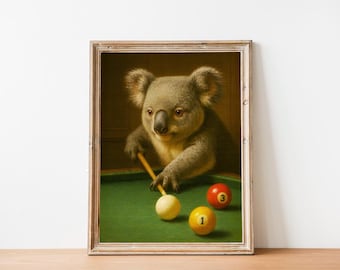Funny Koala Playing Pool Print, Billiards Wall Art (Digital Download)