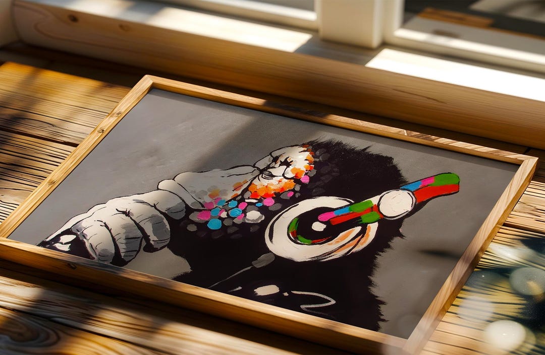 Banksy Monkey Graffiti Art Print: DJ & Thinking Monkey (digital