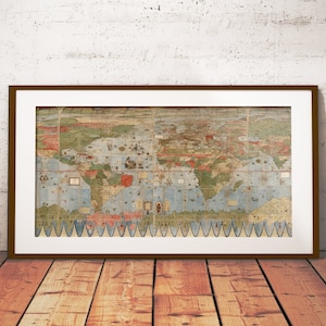 Wereldkaart gemaakt door Urbano Monte in 1587, wereldkaart, platte aardekaart, 1587 door Monte Urbano poster, oude platte aardekaart