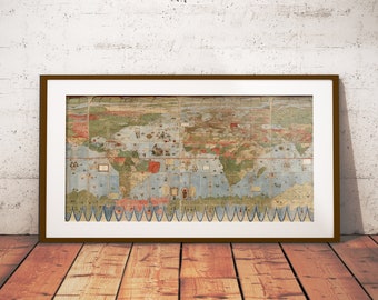 Carte du monde réalisée par Urbano Monte en 1587, carte du monde, carte de la terre plate, 1587 par Monte Urbano affiche, ancienne carte de la terre plate